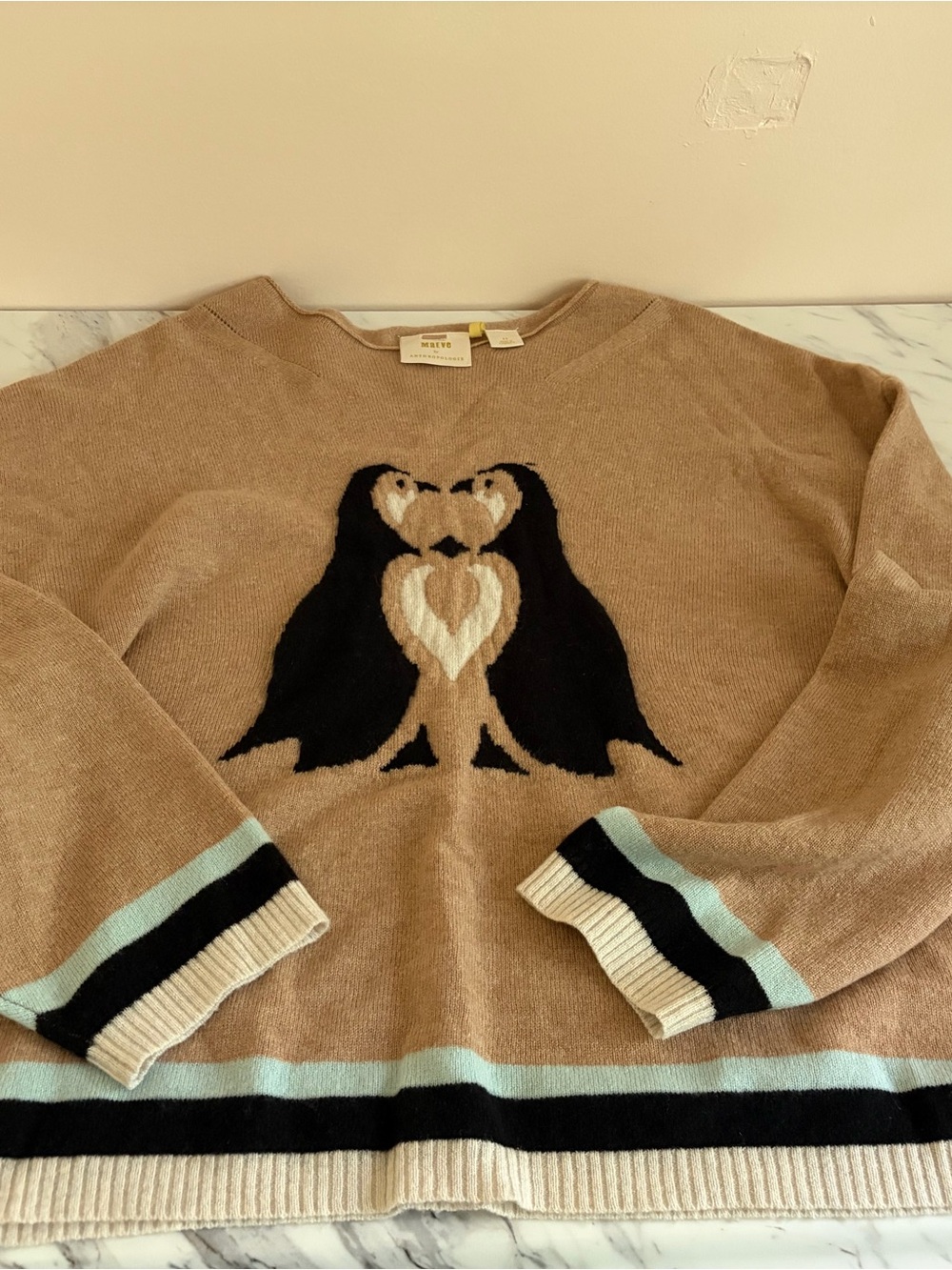 Maeve Anthropologie 100% Cashmere Kissing Penguins Sweater Camel Tan 3X
